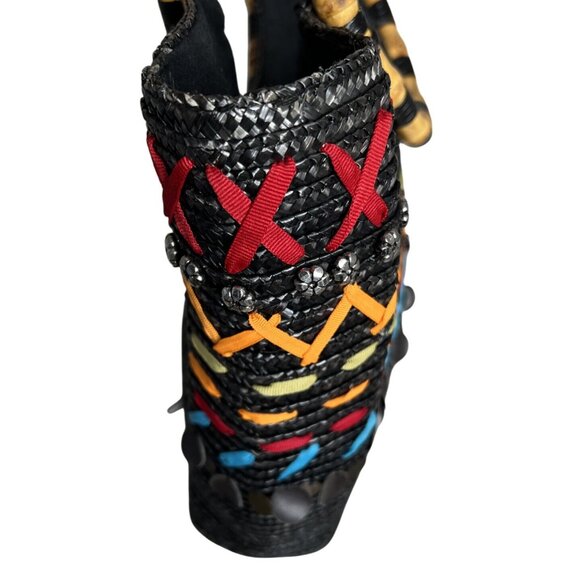 Black Woven Tote With Bamboo Handles & Colorful Embellishments - Picture 2 of 11